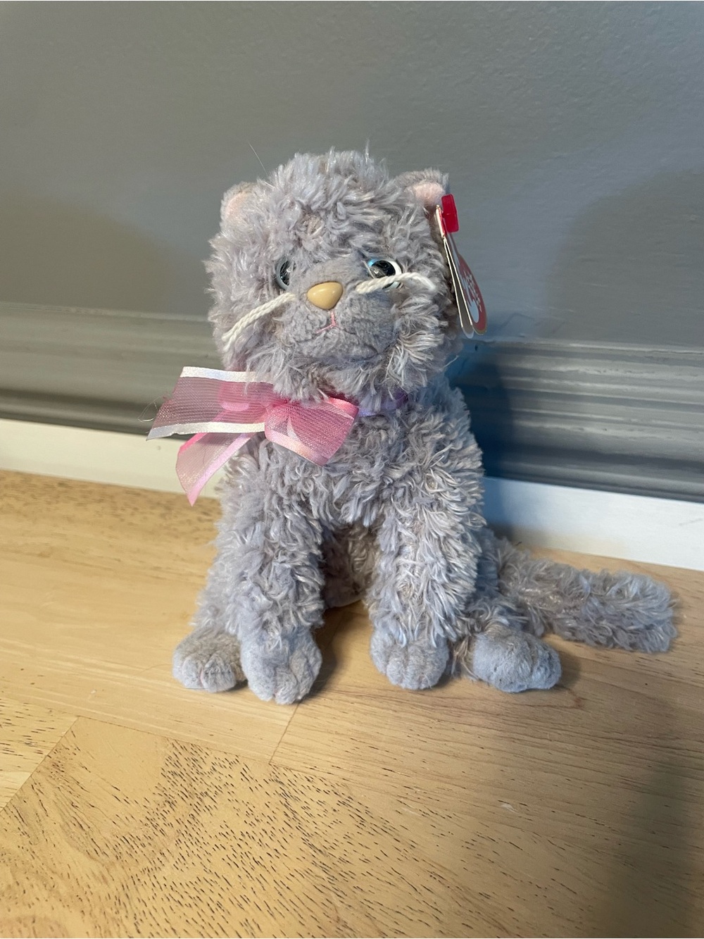 Ty Plush Gray Cat with Pink Ribbon Bow